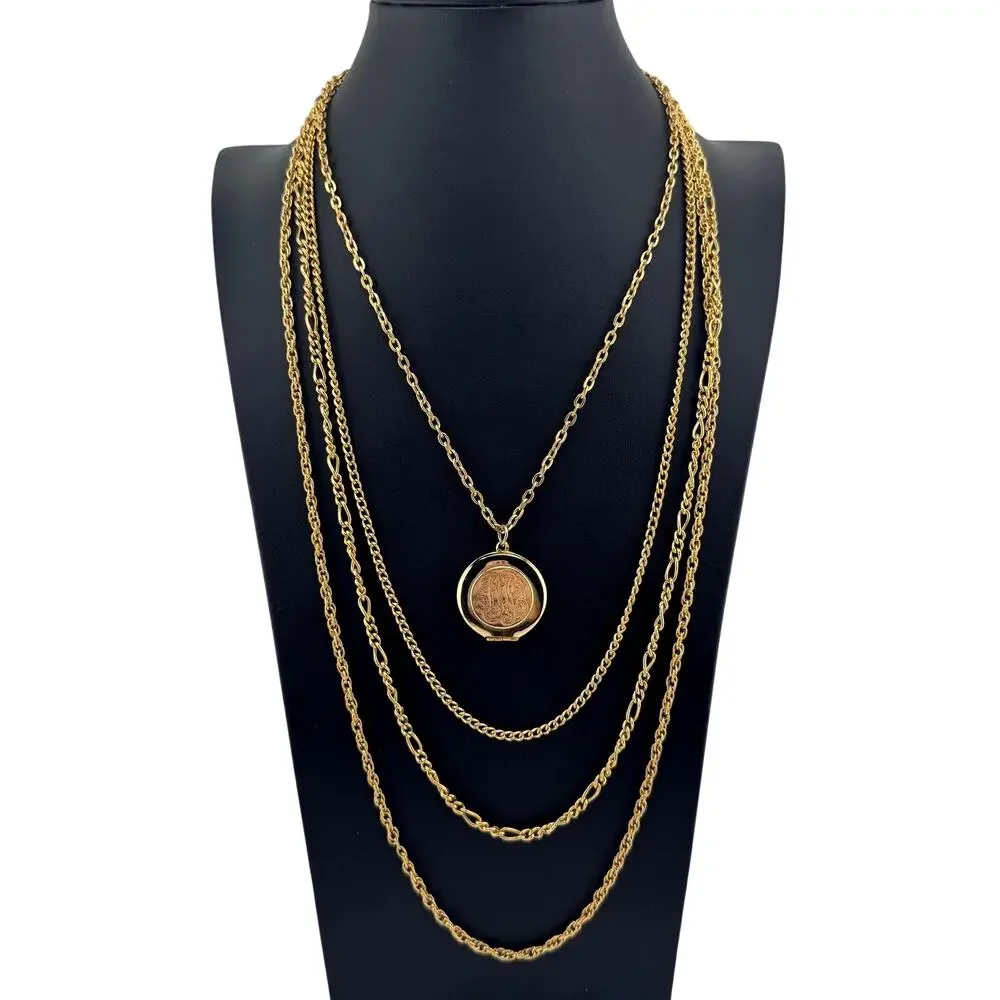 Vintage Monogram Locket Pendant Layered Multichain Gold Tone 19